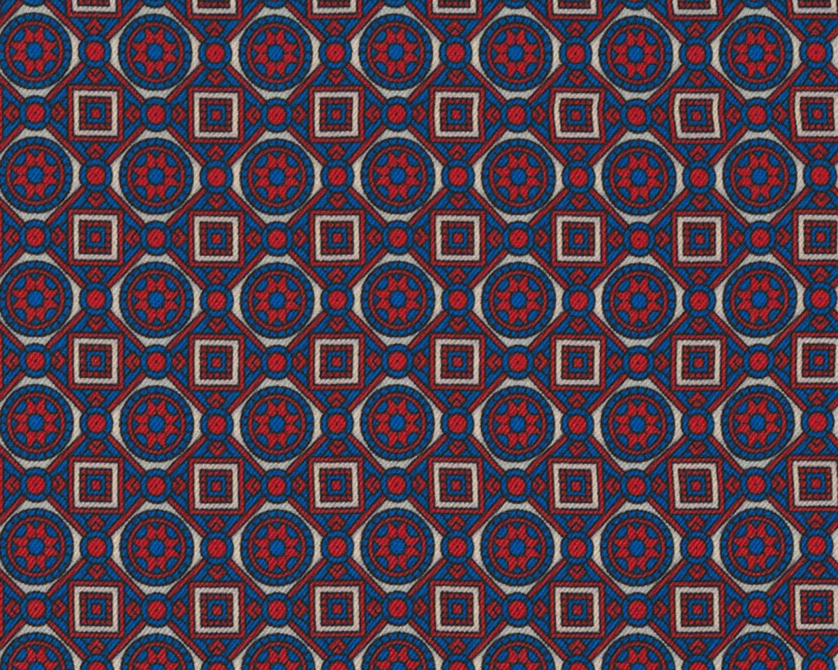 Italienischer Viskosetwillstoff CINZIA, Medaillon-Rautenmuster, rot-blau