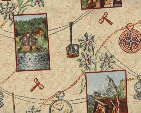 Jacquard-Dekostoff, Gobelin "Enzian" mit Alpenmotiven, hellbeige-grün-rotbraun