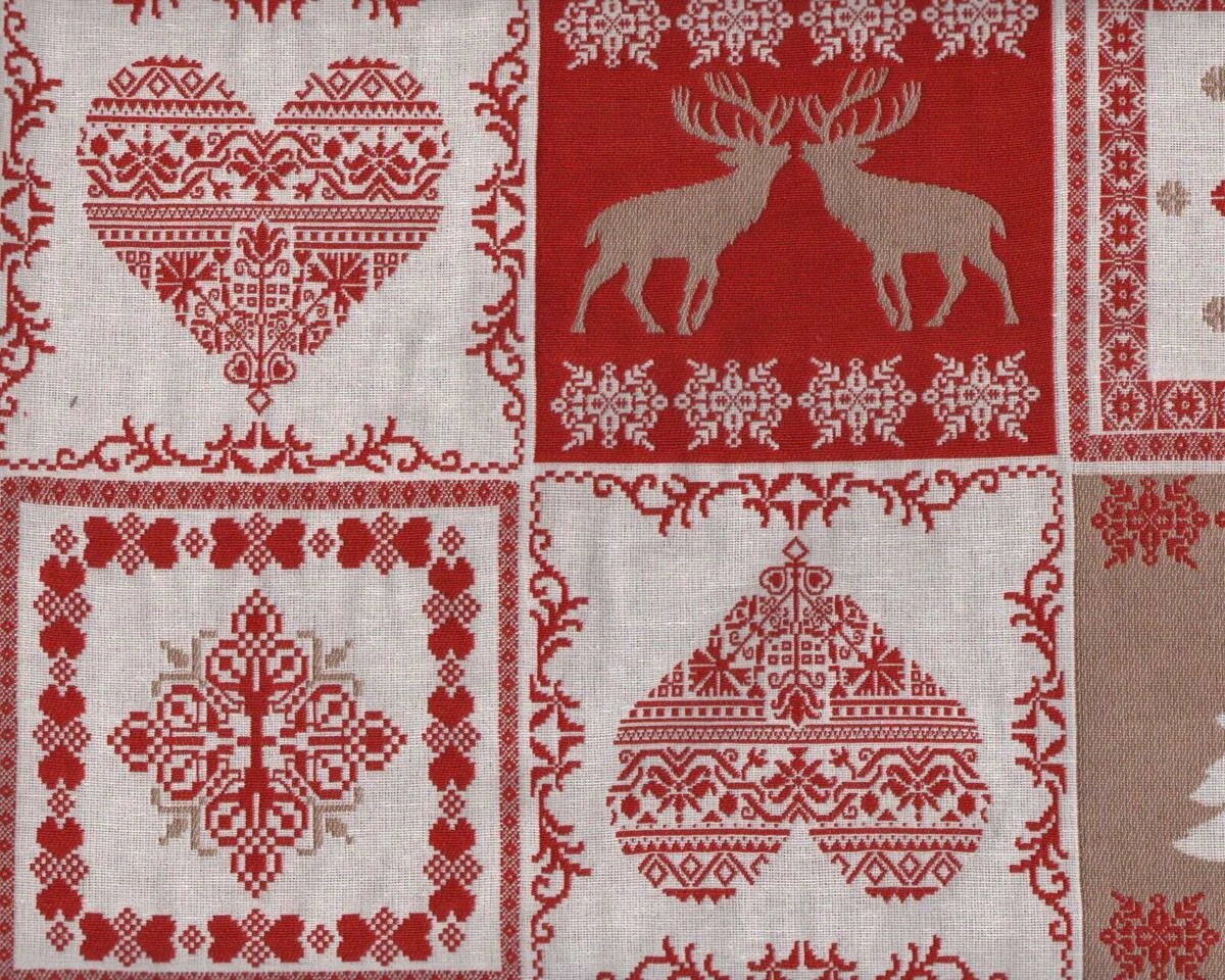 Jacquard-Dekostoff, Gobelin GRANDRIFF, Stern, Herz und Rentier, 2,80 m extrabreit, rot-natur