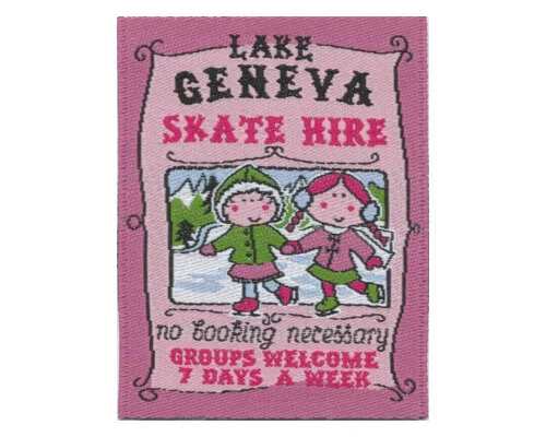 Jacquard-Etikett SKATE HIRE, 2 Eislauf-Girls, helllila-limette dunkel