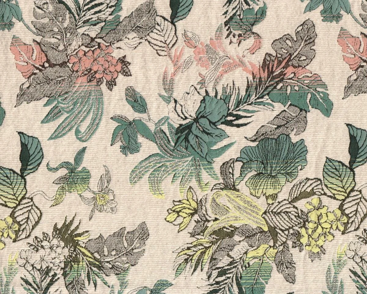 Jacquard-Webstoff ASHLEY, exotische Blumen, graugrün-natur hell