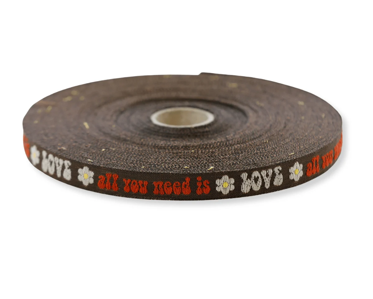 Jacquardband ALL YOU NEED, Schrift, 10 mm breit, braun, Kafka