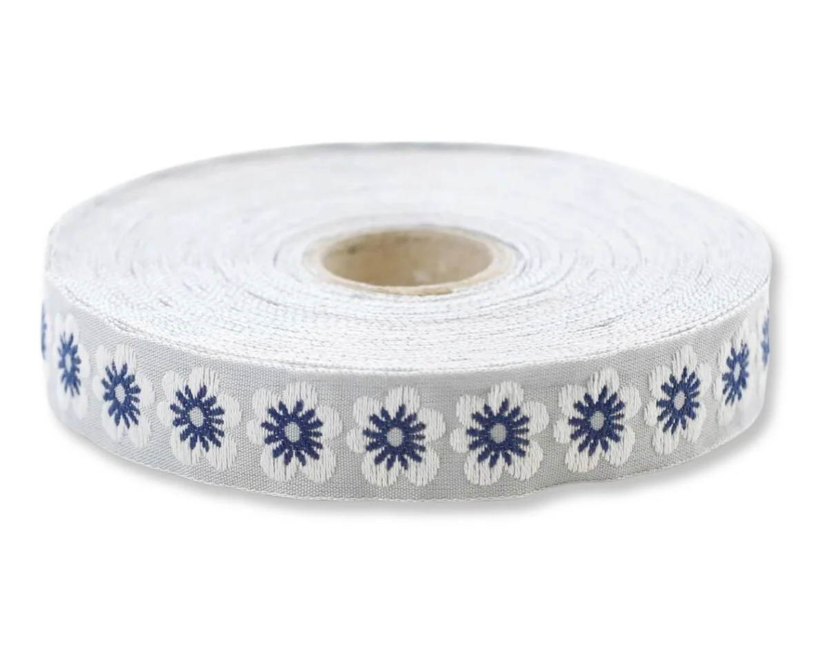 Jacquardband BLÜTE, 15 mm breit, blau-weiß, Kafka