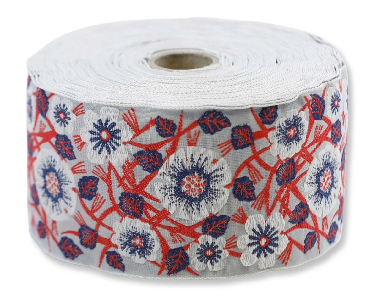 Jacquardband BLUMENWIESE, 60 mm breit, blau-rot, Kafka