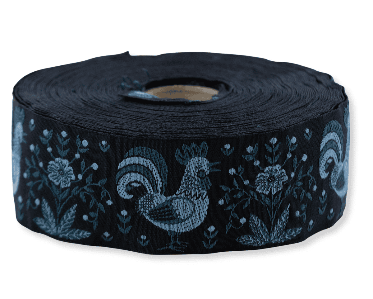 Jacquardband HAHN, Huhn, 32 mm breit, dunkelblau, Kafka