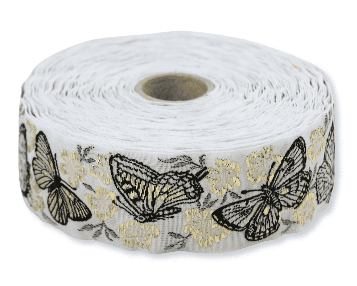 Jacquardband SCHMETTERLING, 32 mm breit, weiß-gold, Kafka