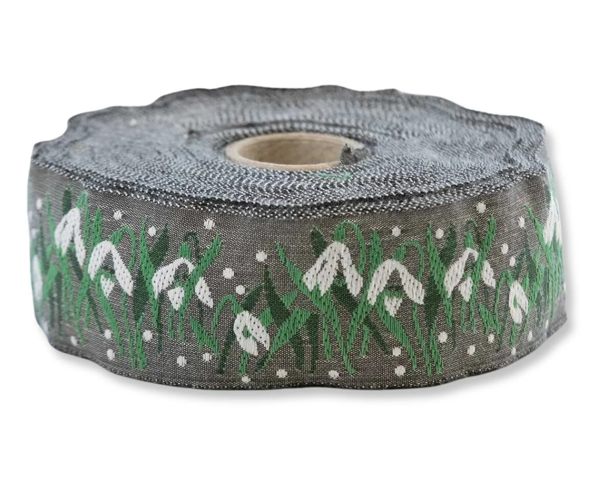 Jacquardband SCHNEEGLÖCKCHEN, 32 mm breit, grau-grün, Kafka