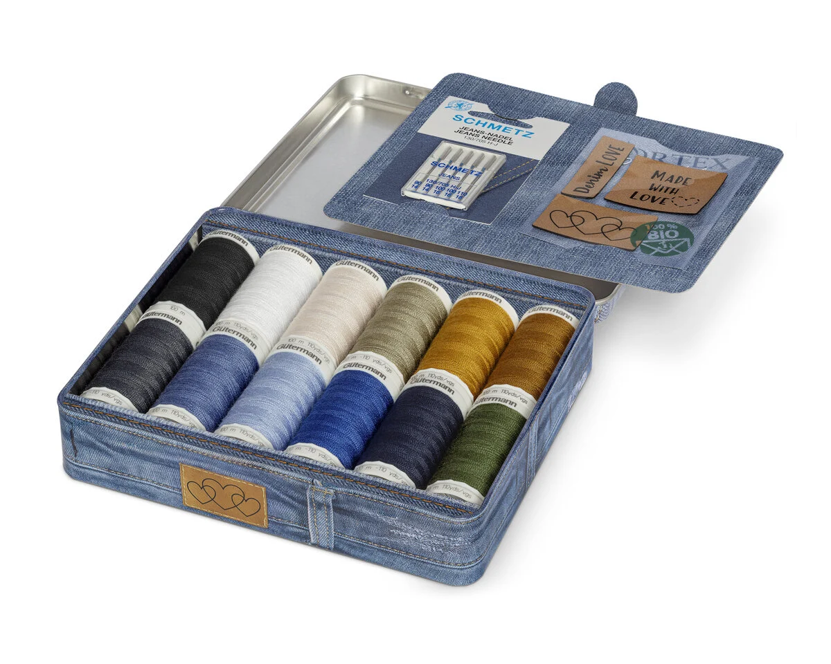 Jeans-Blechbox Nähfaden DENIM, 12 Jeansgarne mit Jeansnadeln & Labels, Gütermann