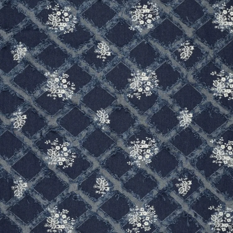 Jeansstoff Flower Embroidery, dunkelblau
