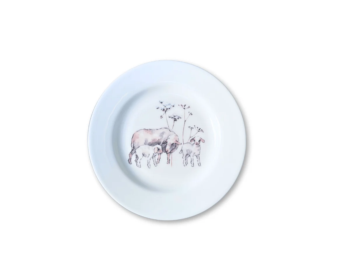 Kleiner Kuchenteller WOLLFAMILIE, Schaf mit Lämmern, Acufactum