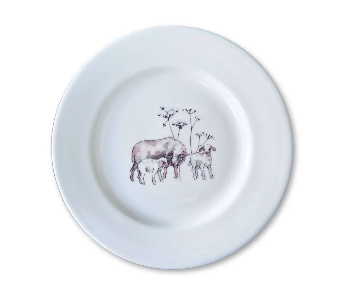 Kuchenteller WOLLFAMILIE, Schaf mit Lämmern, Acufactum