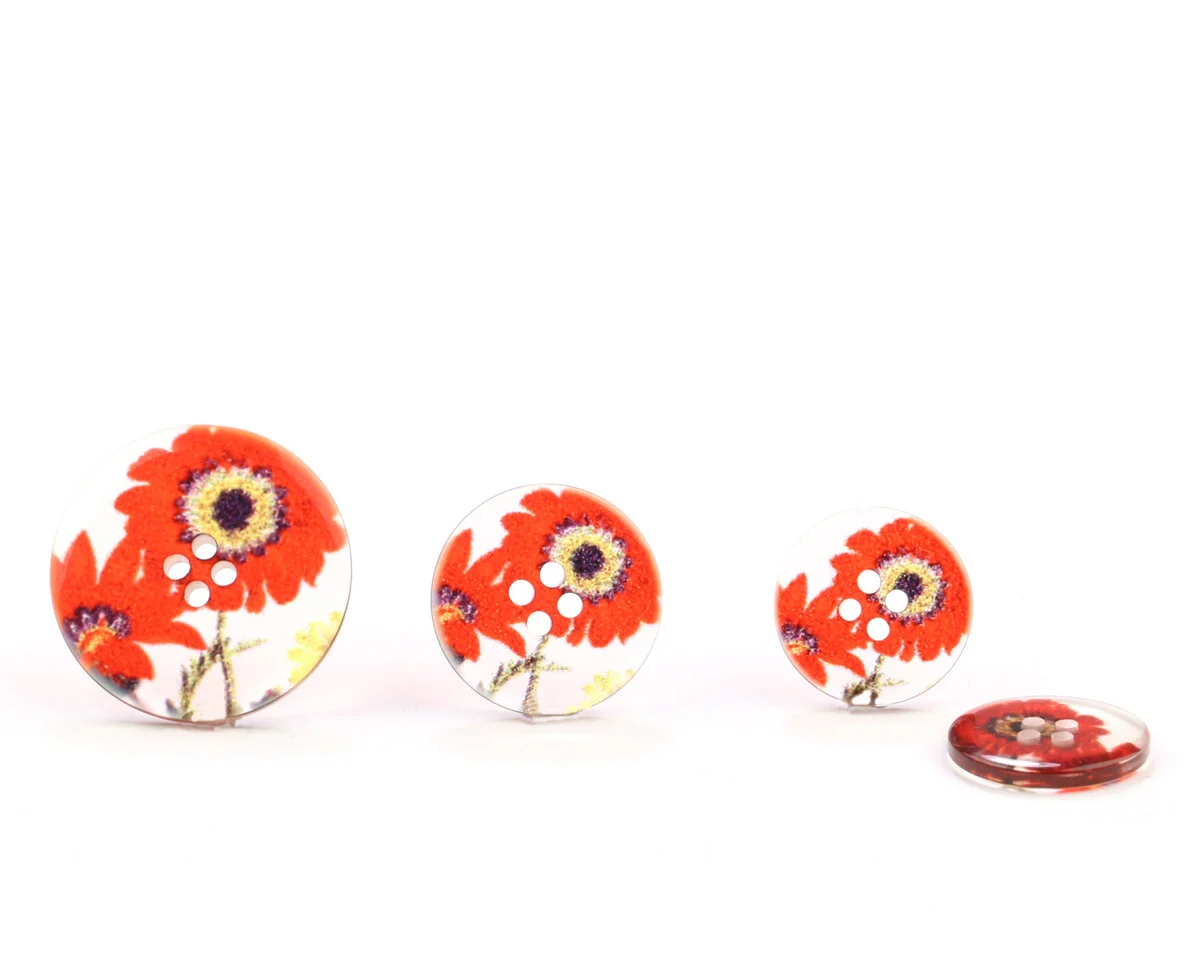 Kunststoffknopf GABY, Gerbera-Blüte, transparent-rot