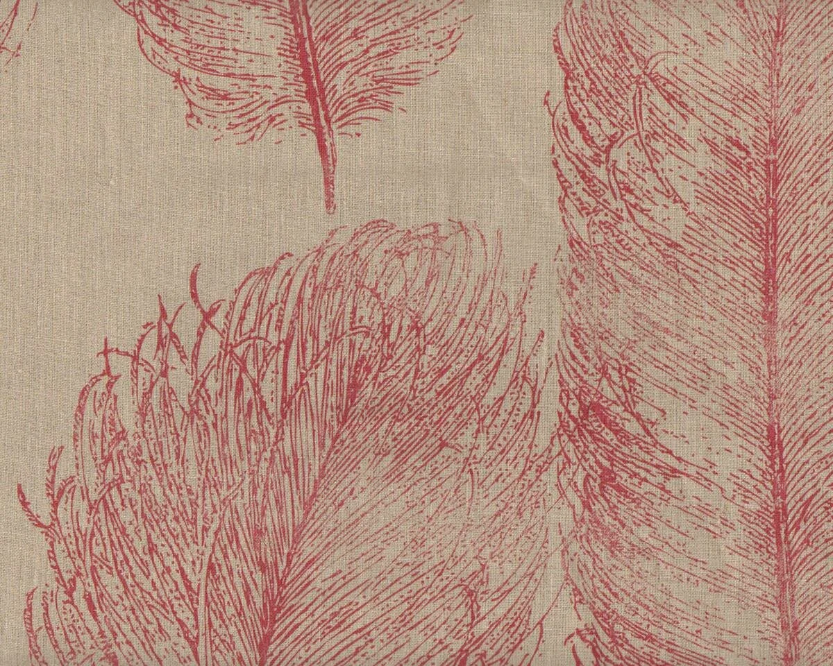 Leinen-Dekostoff DUVET LINEN, große Federn, natur-fuchsia