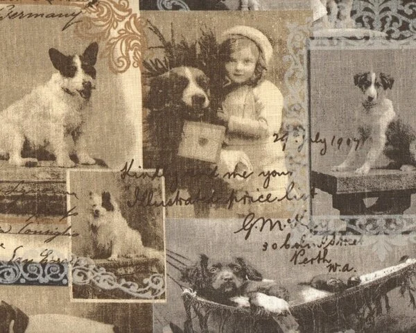 Leinen-Dekostoff MARCONI, Retro Kinder- und Hunde-Fotos, beige-grau