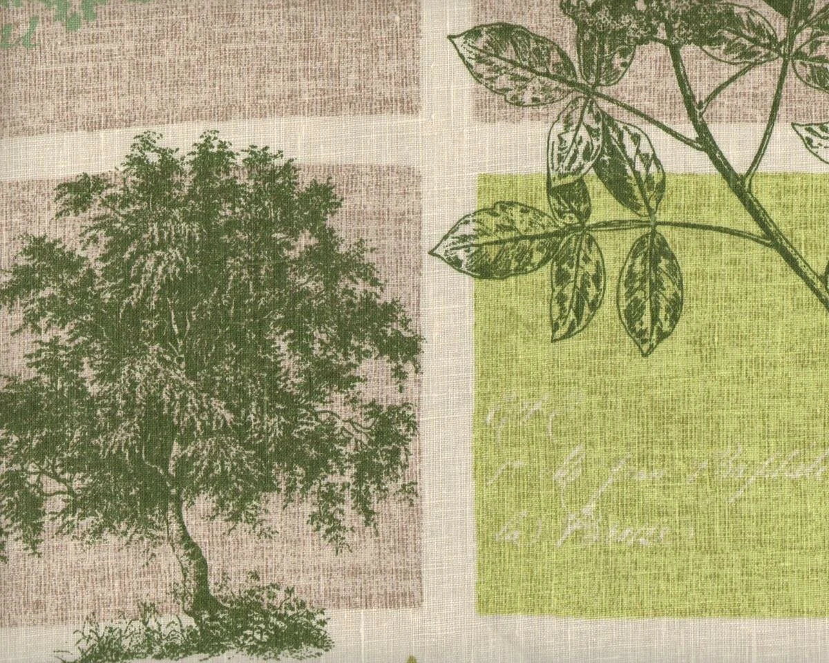 Leinen-Dekostoff VERGARDEN, Bäume und Schrift, grüngrau-natur