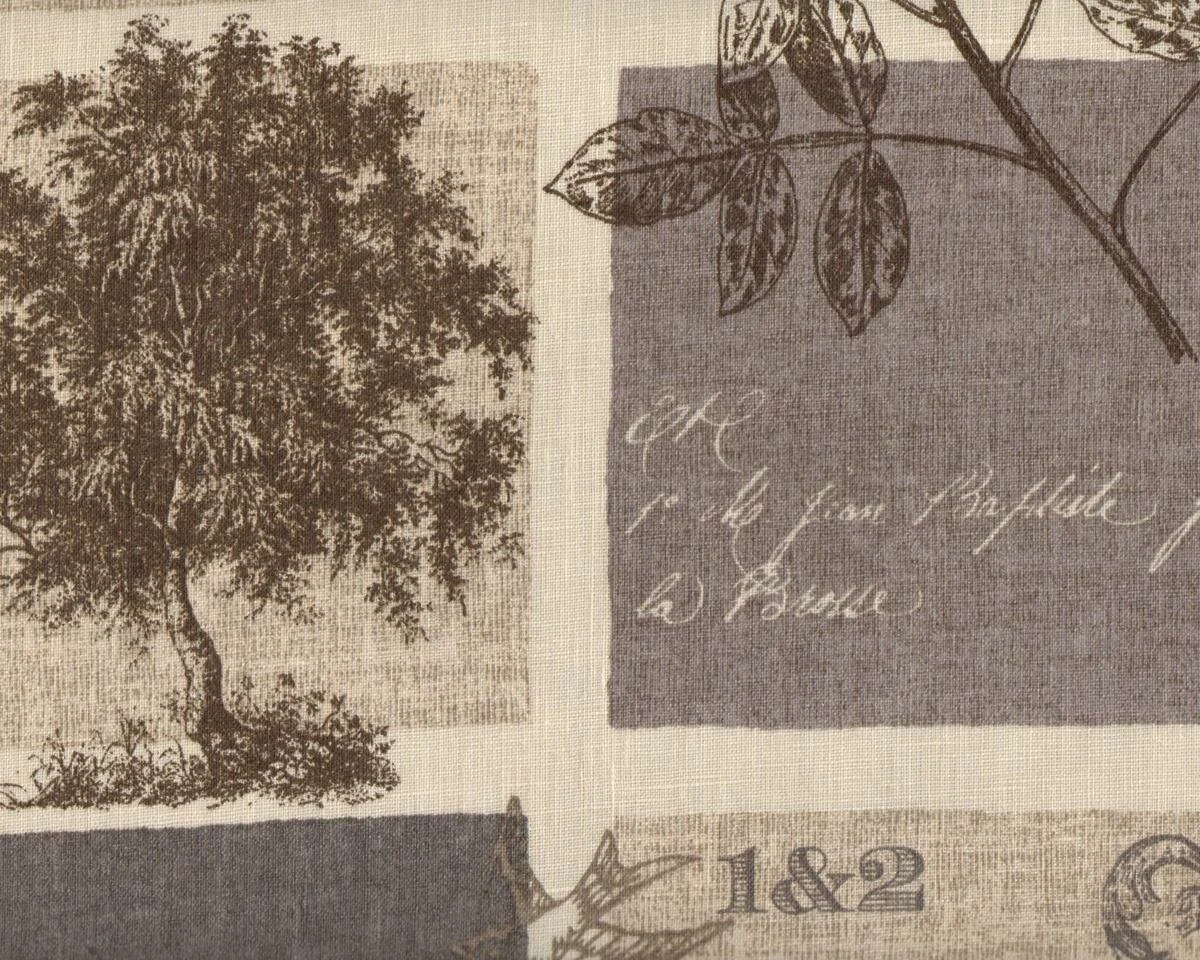 Leinen-Dekostoff VERGARDEN, Bäume und Schrift, schlammbraun-natur