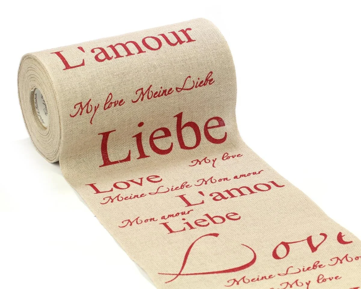 Leinenband zum Besticken, Schriftzug Liebe, 16,5 cm breit, natur-rot, Vaupel & Heilenbeck