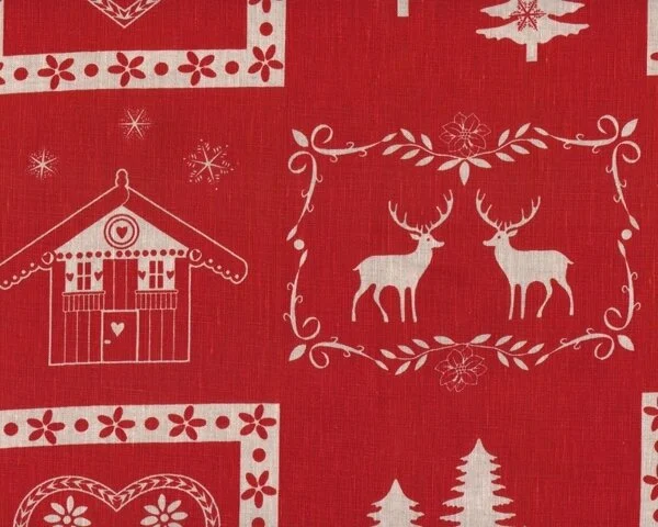 Leinenstoff "Chalet de Alpes" mit Alpenmotiven, rot-natur