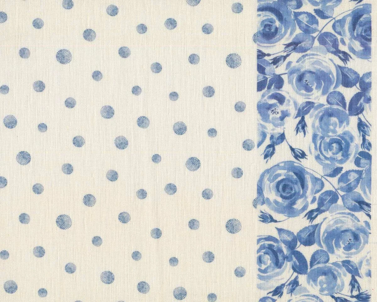 Leinenstoff KREISE & ROSEN, Rosenbordüre, creme-blau, Acufactum