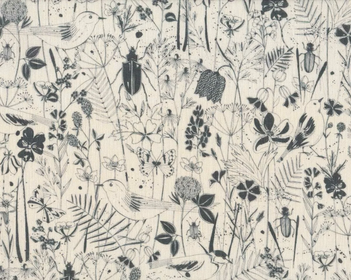 Leinenstoff WIESENGLÜCK, Vögel und Blumen, anthrazit, Acufactum