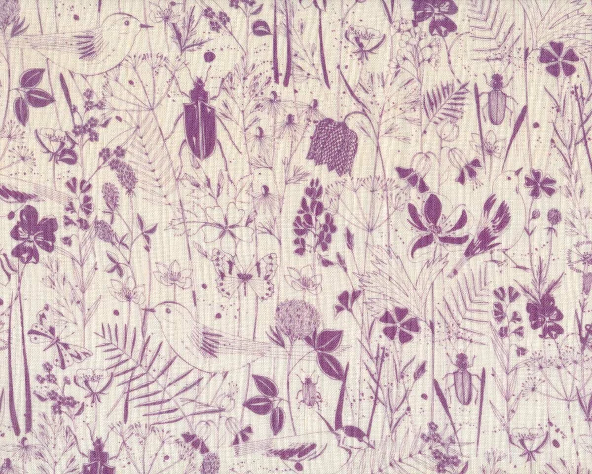 Leinenstoff WIESENGLÜCK, Vögel und Blumen, helles aubergine, Acufactum