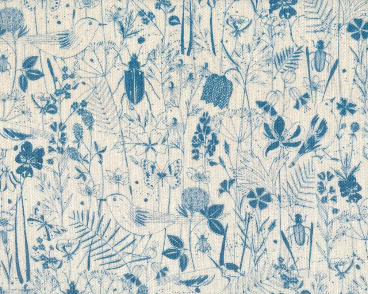 Leinenstoff WIESENGLÜCK, Vögel und Blumen, petrol, Acufactum