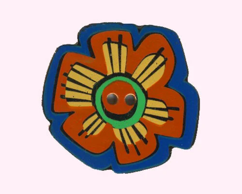 Metall-Designer-Knopf von "Laurel Burch", eckige Blüte, blau-orange