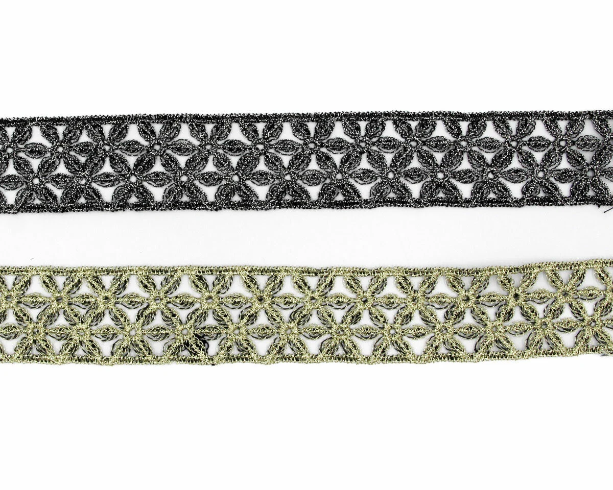 Metallic-Klöppelspitze LIMO, Blüten-Geometrie, gold und silber