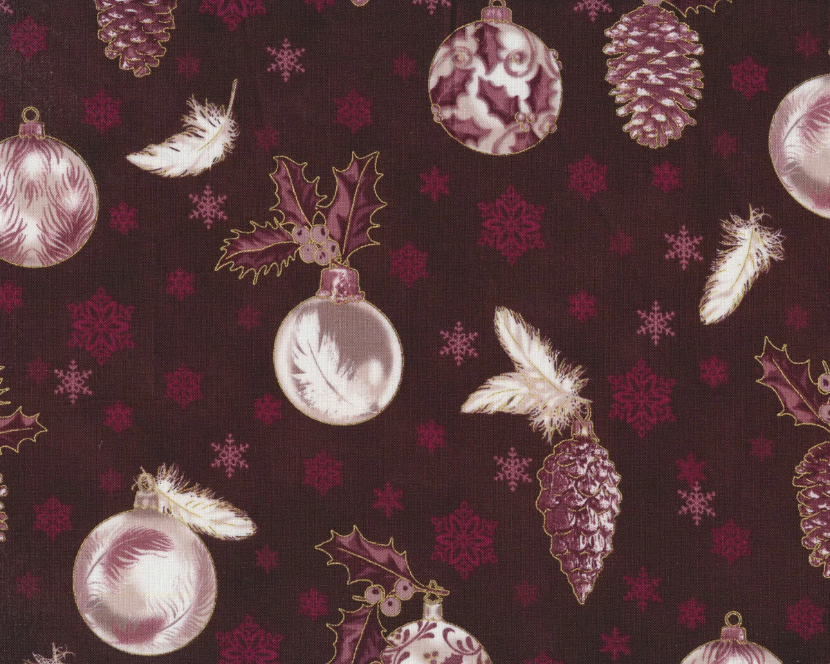 Metallic-Patchworkstoff CHRISTMAS IS NEAR, Christbaumschmuck, aubergine-gold