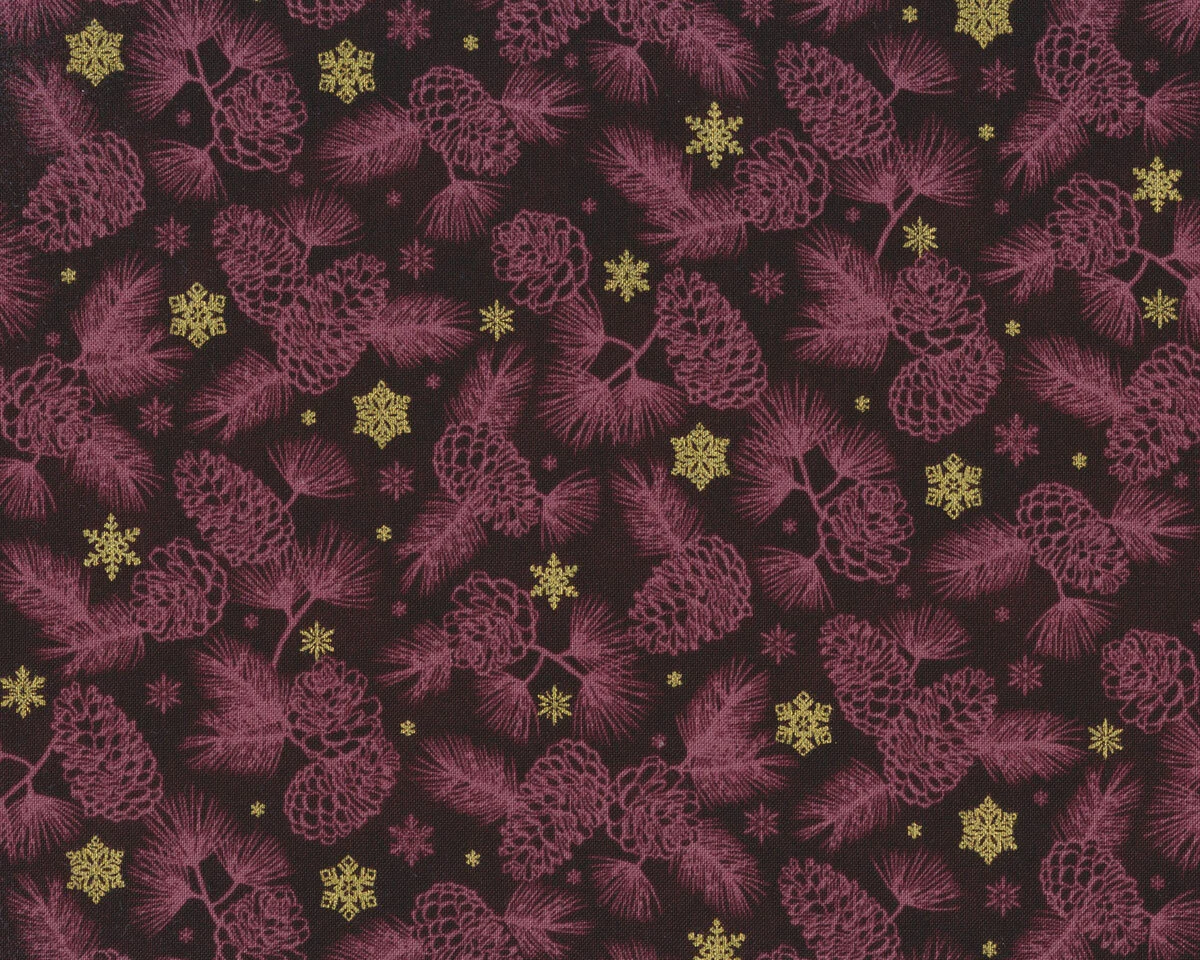 Metallic-Patchworkstoff CHRISTMAS IS NEAR, Kiefernzapfen, aubergine-gold