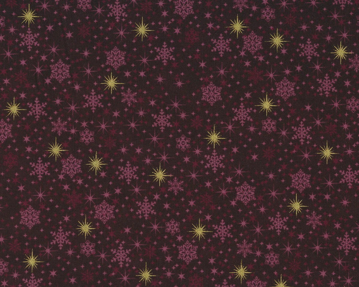 Metallic-Patchworkstoff CHRISTMAS IS NEAR, Schneekristalle, aubergine-gold