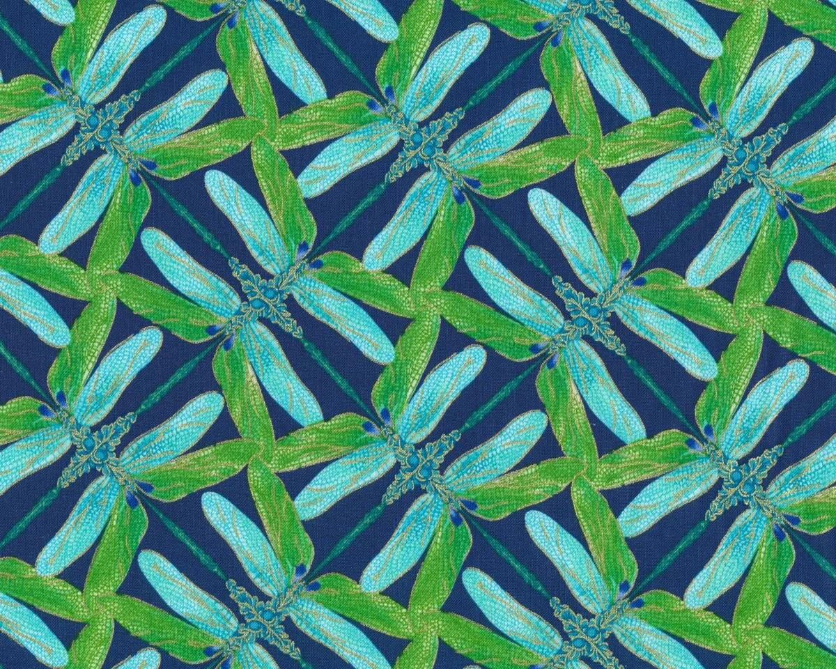 Metallic-Patchworkstoff DANCE OF THE DRAGONFLY, Libellen-Raster, dunkelblau-hellgrün