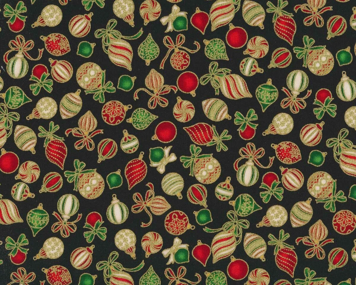 Metallic-Patchworkstoff HOLIDAY CHARMS, Kugeln, schwarz-gold, Robert Kaufman