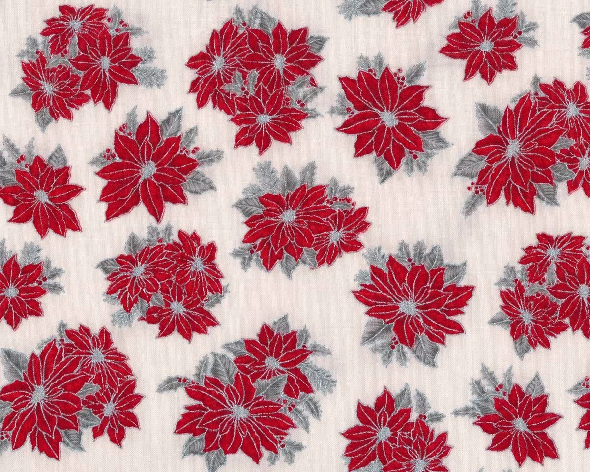 Metallic-Patchworkstoff HOLIDAY CHARMS, Weihnachtsstern, weiß-silber, Robert Kaufman