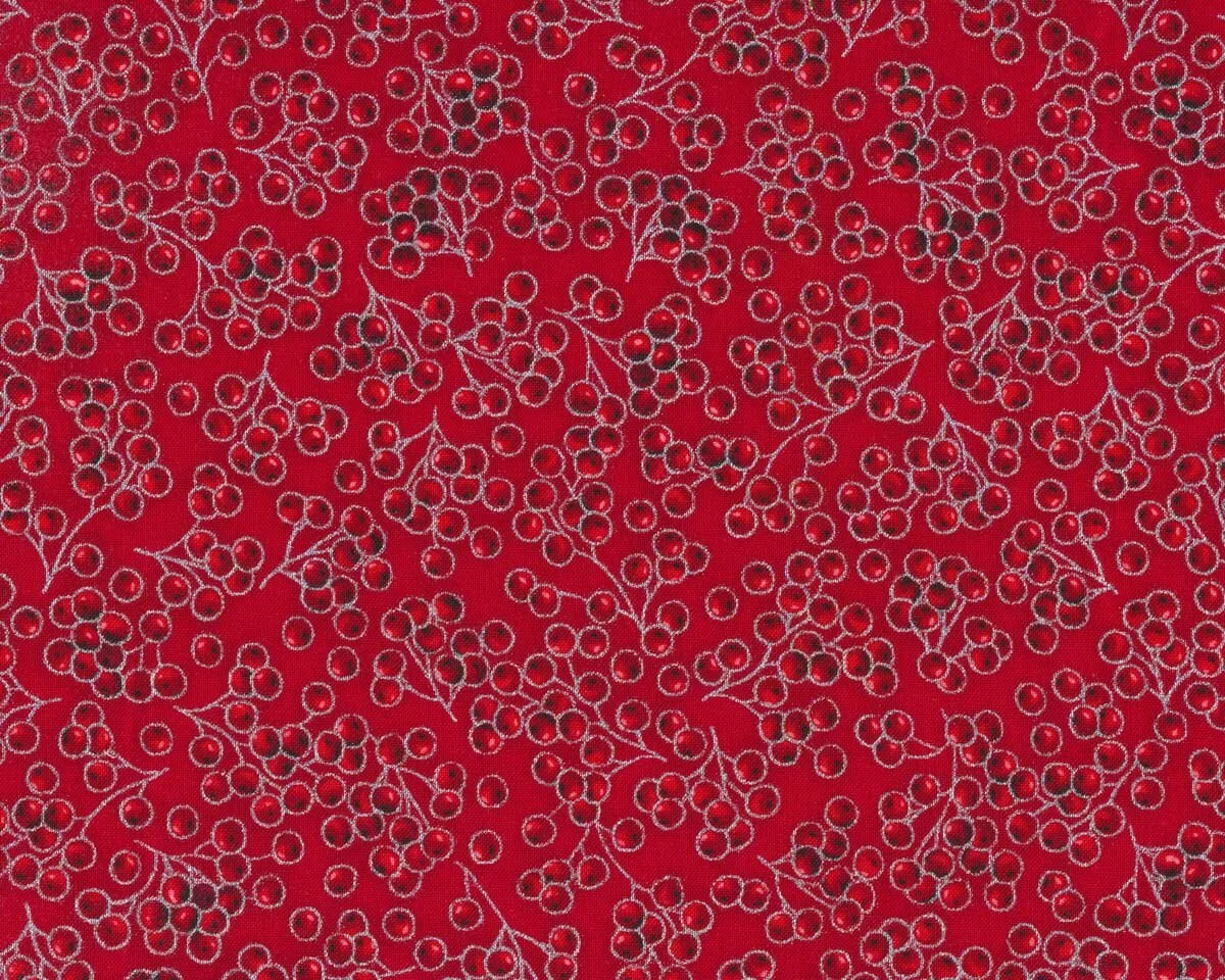 Metallic-Patchworkstoff HOLIDAY FLOURISH, Beerenzweige, rot-silber, Robert Kaufman