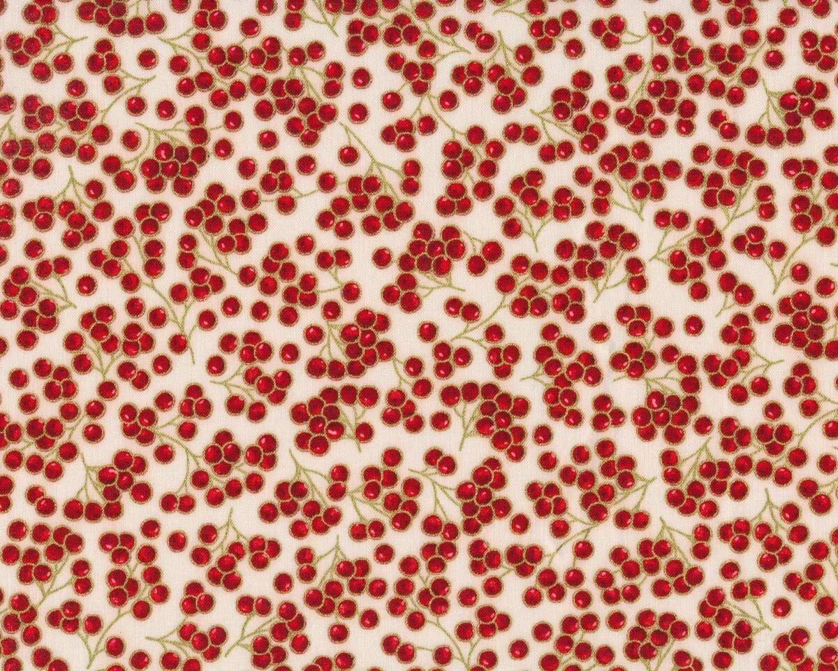 Metallic-Patchworkstoff HOLIDAY FLOURISH, Beerenzweige, weiß-rot-gold, Robert Kaufman