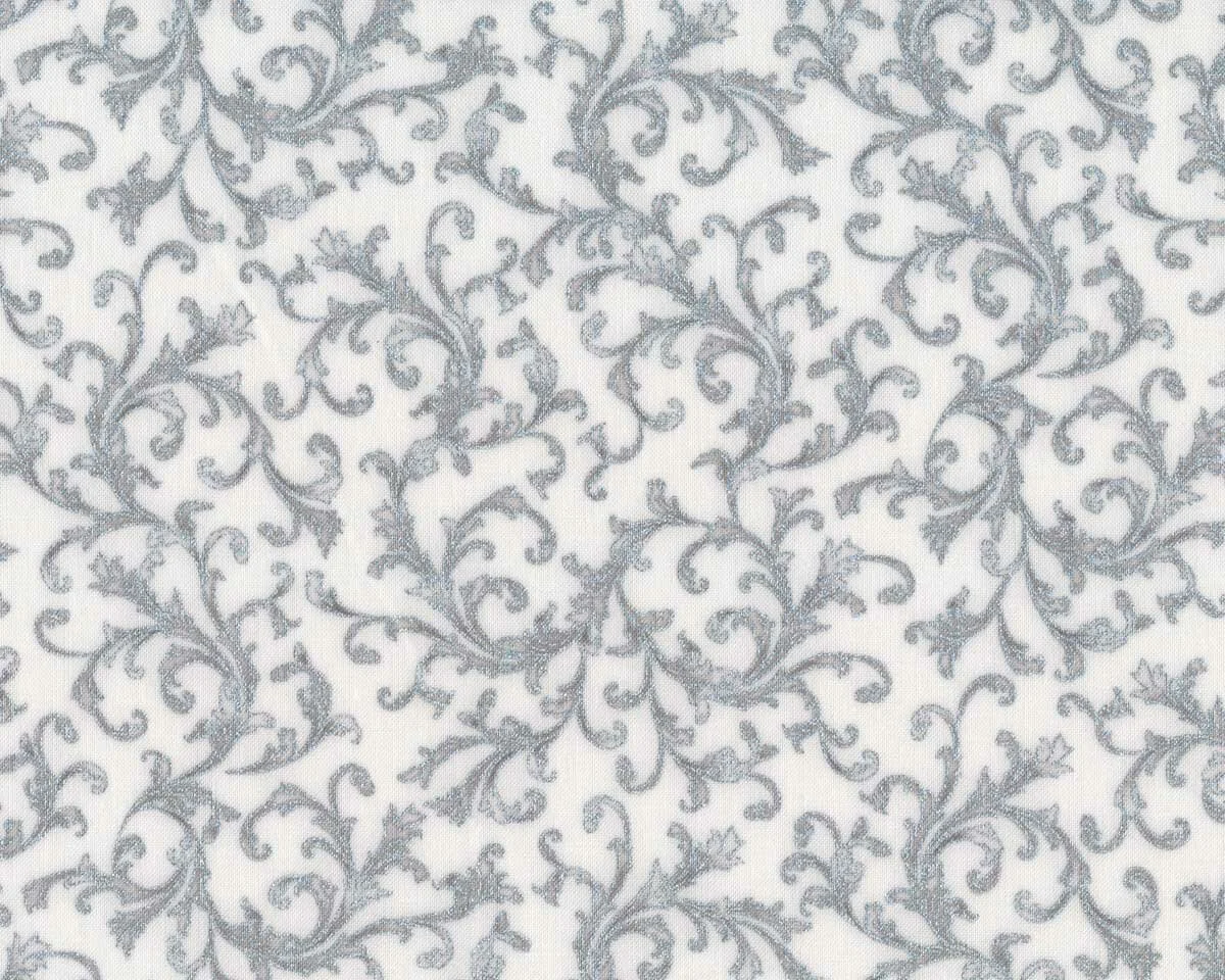 Metallic-Patchworkstoff HOLIDAY FLOURISH, Blatt-Ranken, weiß-silber, Robert Kaufman
