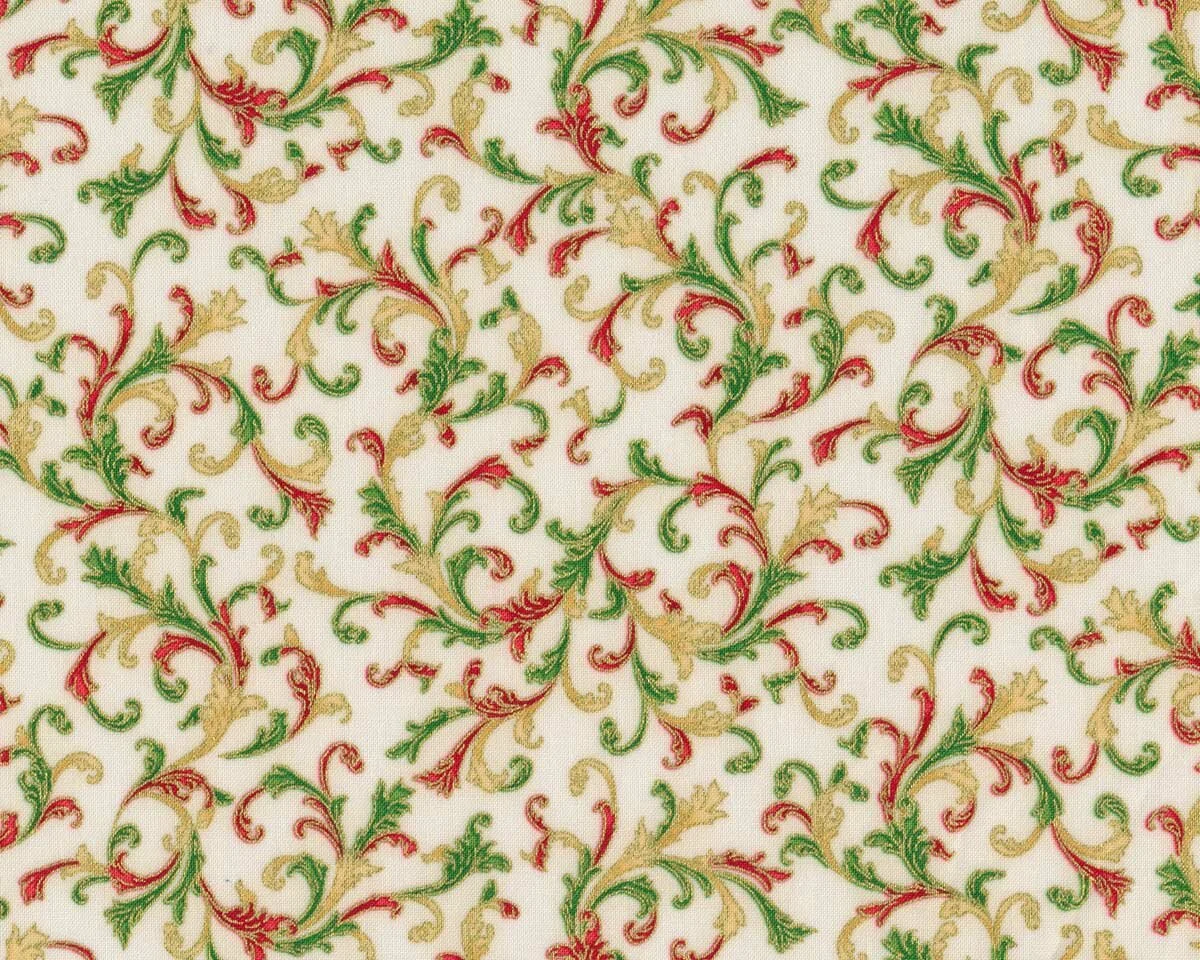 Metallic-Patchworkstoff HOLIDAY FLOURISH, Blatt-Ranken, wollweiß-gold, Robert Kaufman
