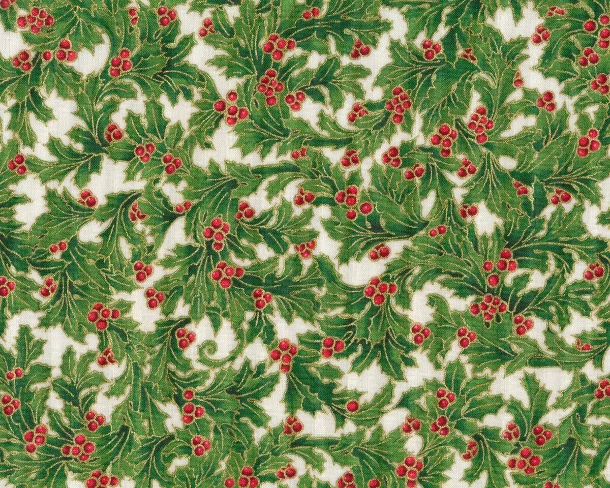 Metallic-Patchworkstoff HOLIDAY FLOURISH, Ilex-Blätter, grün-gold, Robert Kaufman