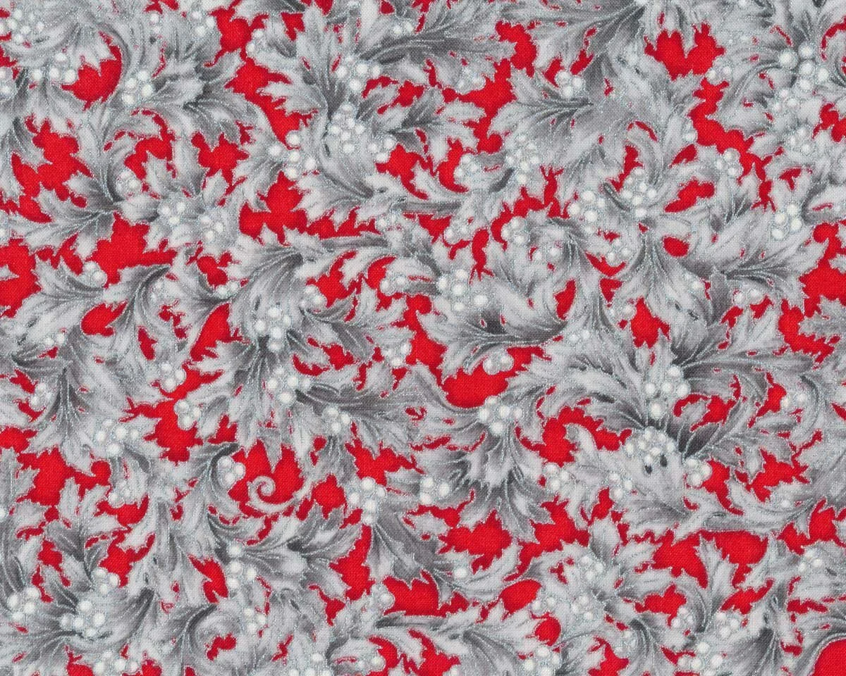 Metallic-Patchworkstoff HOLIDAY FLOURISH, Ilex-Blätter, rot-silber, Robert Kaufman