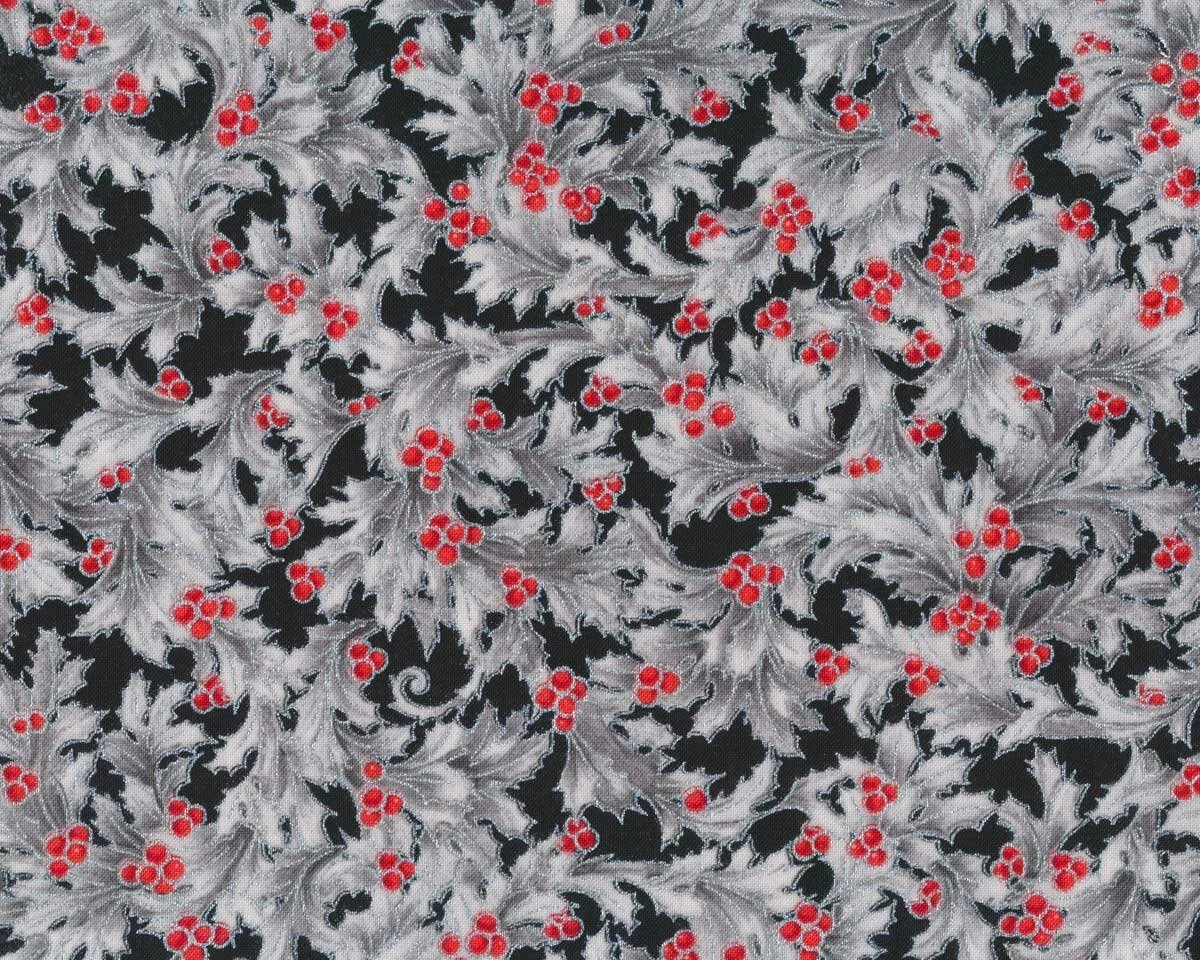Metallic-Patchworkstoff HOLIDAY FLOURISH, Ilex-Blätter, schwarz-silber, Robert Kaufman
