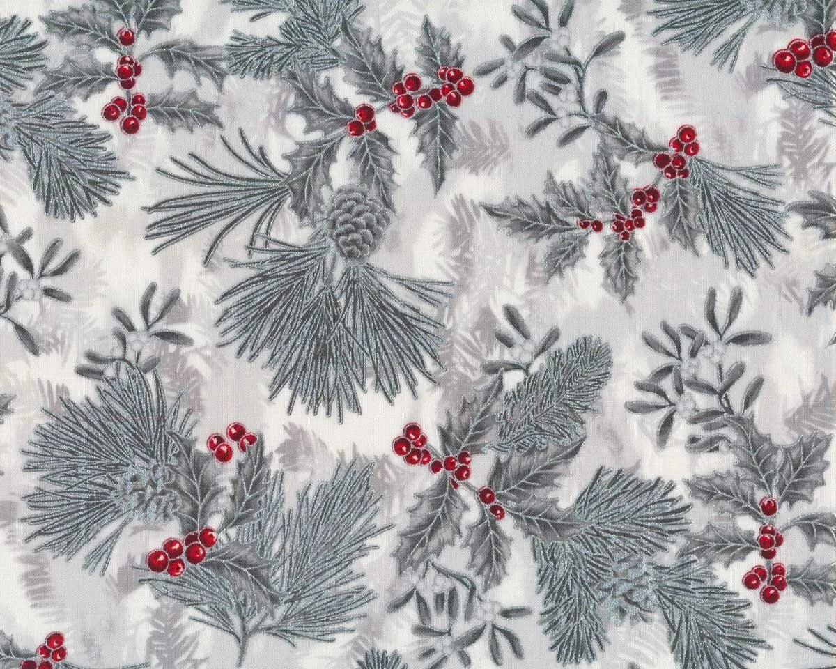 Metallic-Patchworkstoff HOLIDAY FLOURISH, Ilex und Zapfen, weiß-silber, Robert Kaufman