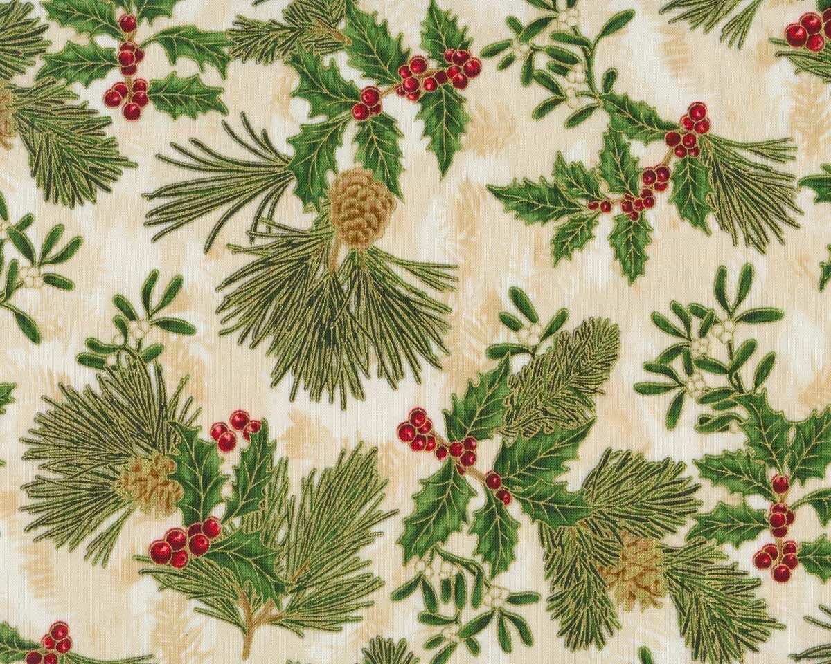 Metallic-Patchworkstoff HOLIDAY FLOURISH, Ilex und Zapfen, wollweiß-gold, Robert Kaufman