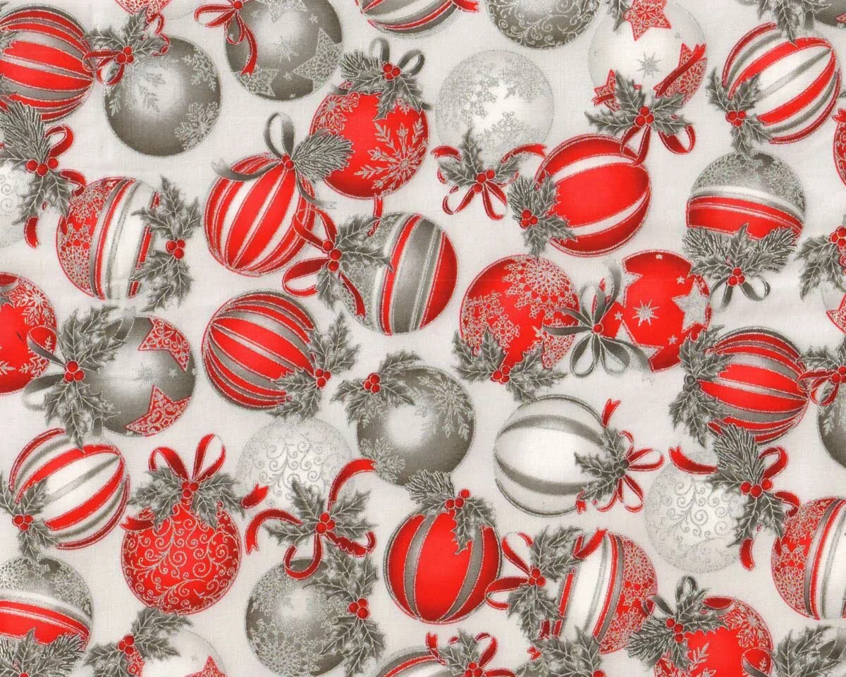 Metallic-Patchworkstoff HOLIDAY FLOURISH, Kugeln mit Ilex, antikweiß-silber, Robert Kaufman