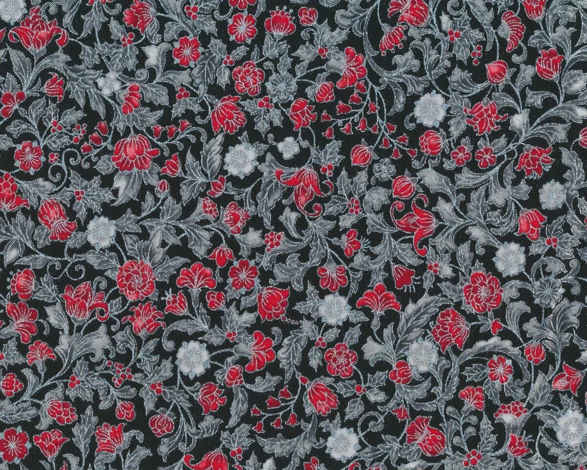 Metallic-Patchworkstoff HOLIDAY FLOURISH, Ornament-Blumen, schwarz-grau-silber metallic