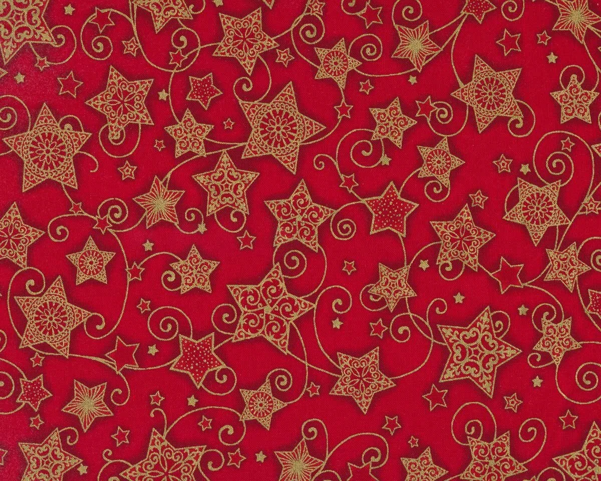 Metallic-Patchworkstoff HOLIDAY FLOURISH, Sterne mit Kringel, rot-gold, Robert Kaufman
