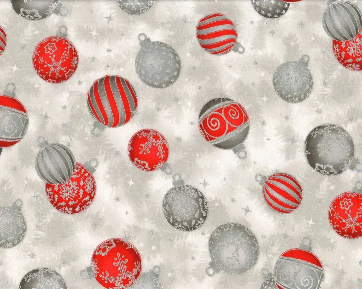 Metallic-Patchworkstoff HOLIDAY FLOURISH, Weihnachtskugeln, grau-silber, Robert Kaufman