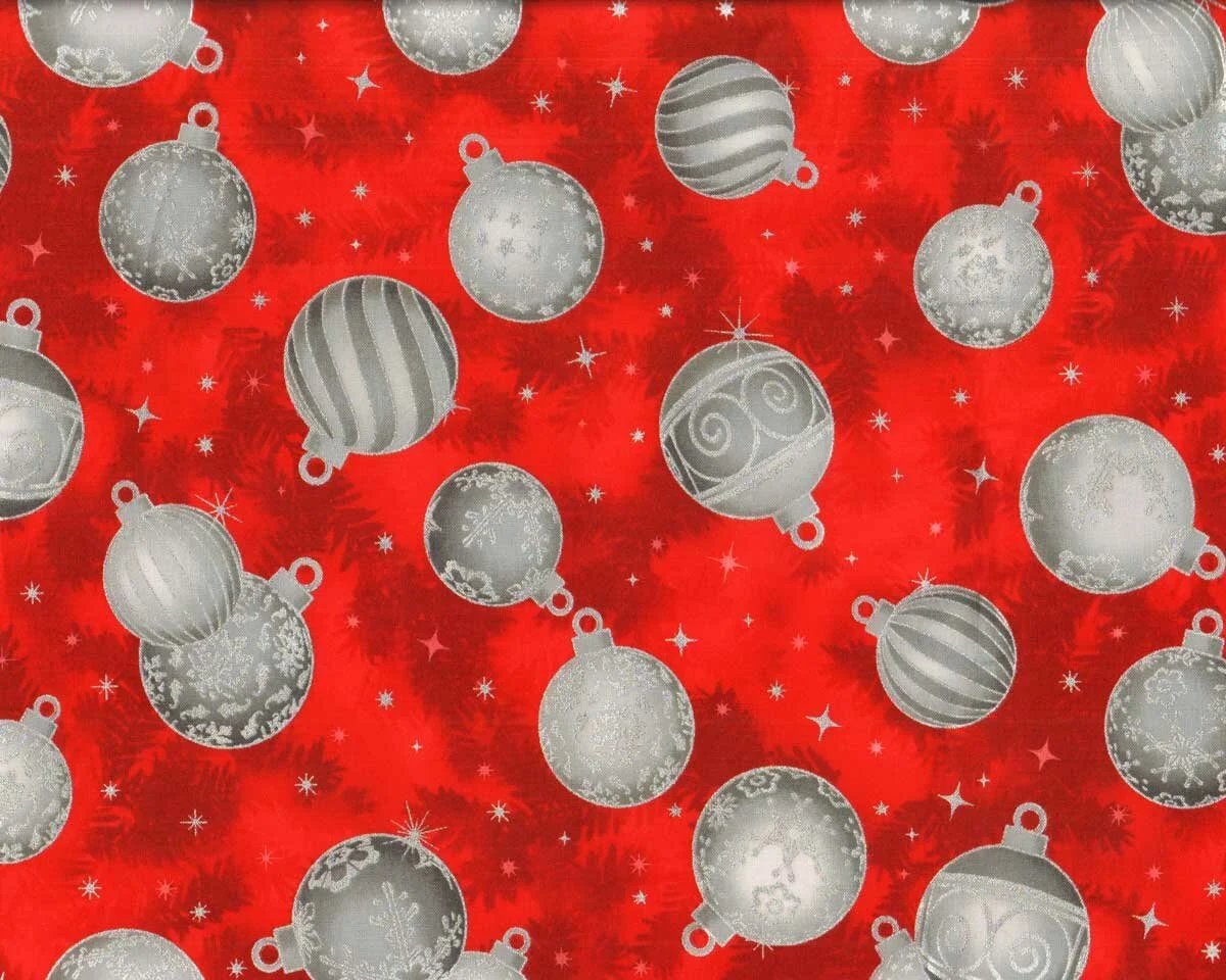 Metallic-Patchworkstoff HOLIDAY FLOURISH, Weihnachtskugeln, rot-silber, Robert Kaufman
