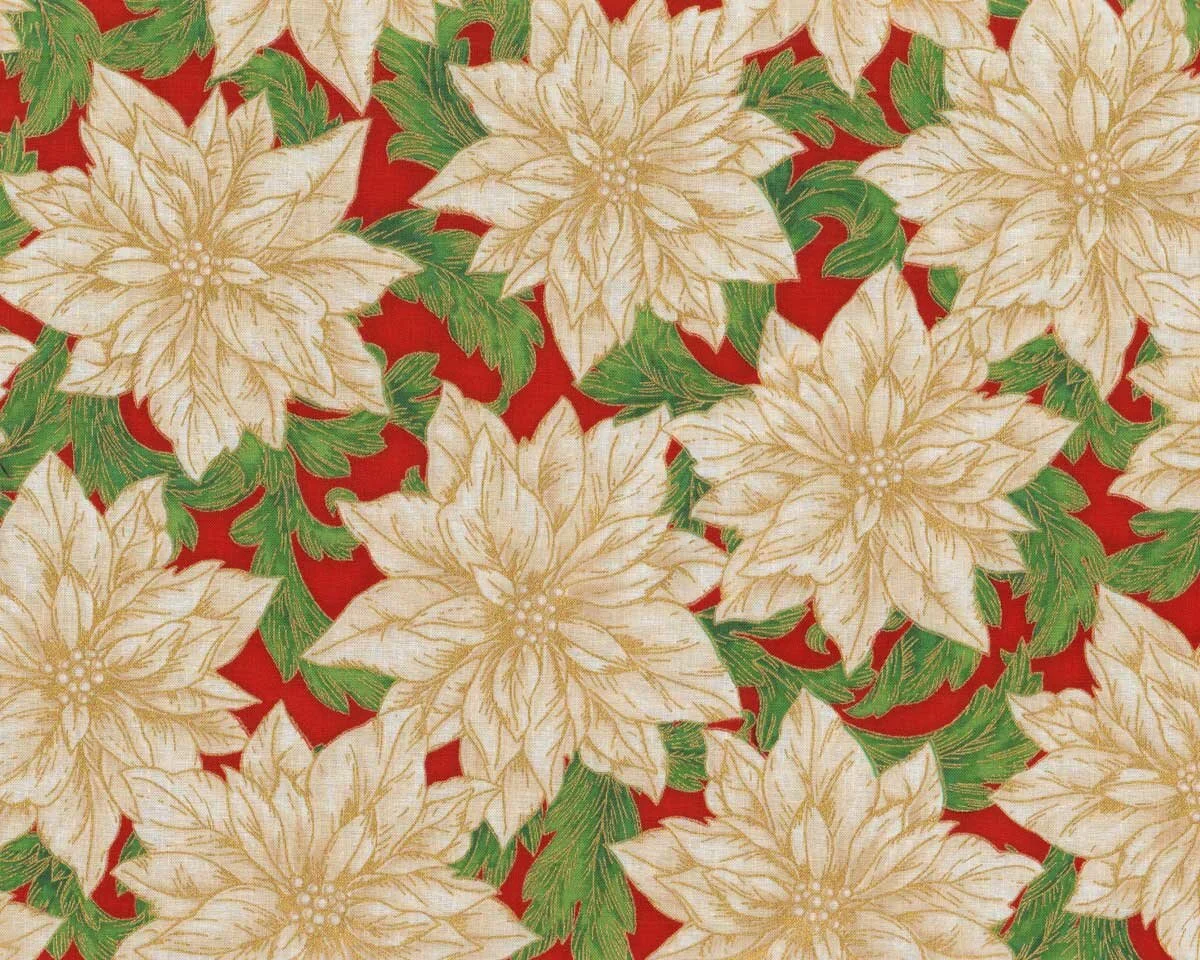 Metallic-Patchworkstoff HOLIDAY FLOURISH, Weihnachtsstern-Blüten, rot-gold, Robert Kaufman