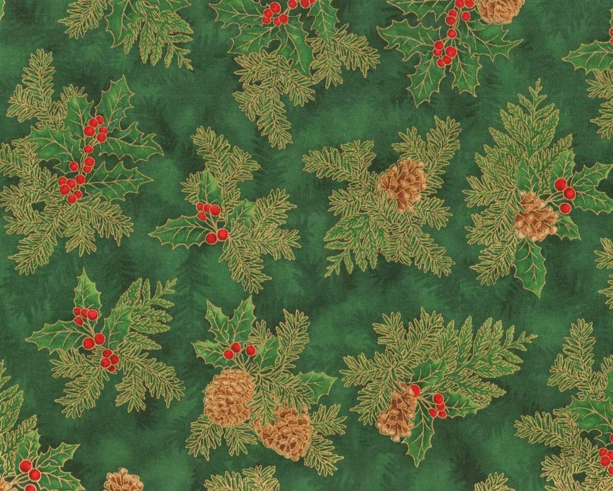 Metallic-Patchworkstoff HOLIDAY FLOURISH, Zapfen-Gesteck, grün-gold, Robert Kaufman
